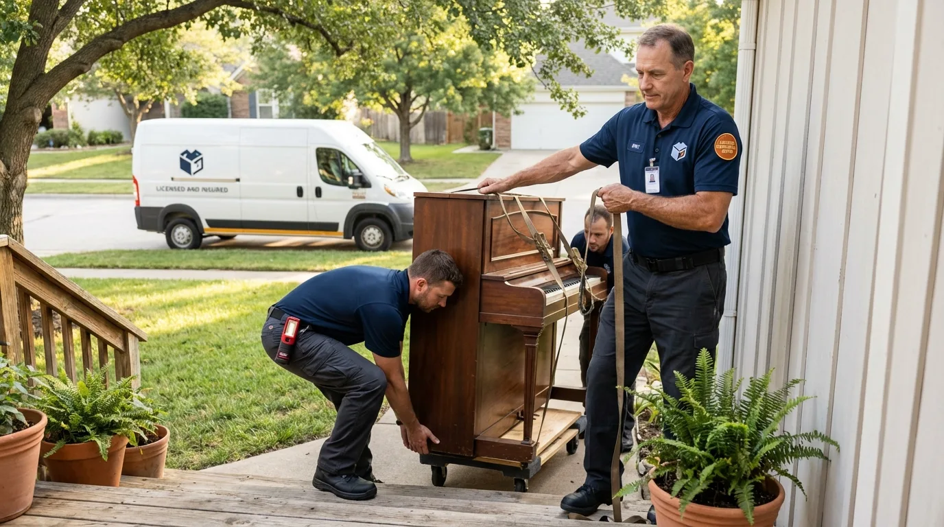Licensed piano movers securing grand piano in Gonzales, CA