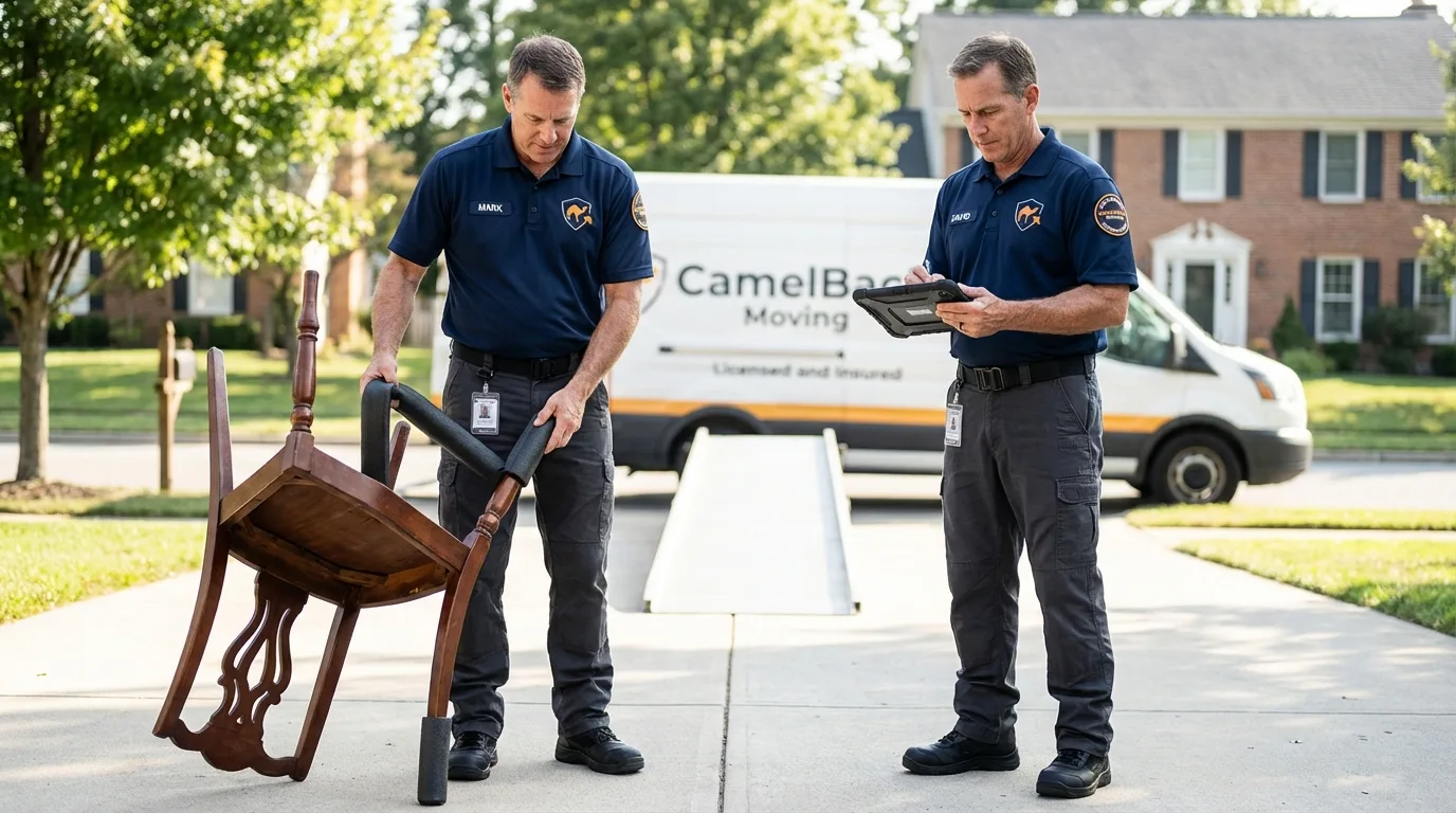 Movers inspecting furniture for damage prevention before loading in Gonzales, CA